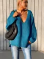 Women's oversized V-neck ribbed knit sweater, casual solid color pullover top for autumn winter. - S / Tops / Blue