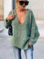 Chunky knit V-neck sweater for women, casual solid color oversized pullover top for daily wear. - S / Tops / Green
