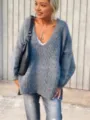 Women's casual chunky knit V-neck sweater, solid color loose pullover top for daily wear. - S / Tops / Gray