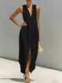 Einfarbiges ärmelloses Maxikleid mit Kapuze, lässiger Knopf-Strandüberwurf für Damen. - S / Schwarz