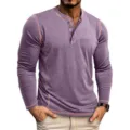 Men's long sleeve henley shirt casual purple top with contrast stitching and button placket - Purple