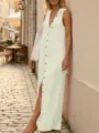 Lässiges Sommer ärmelloses Kapuzen Maxikleid mit einreihigem Design für Damen Alltag. - S / Beige