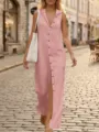 Rosa ärmelloses Kapuzen Maxikleid, lässiges einreihiges Sommer Strandkleid mit Knöpfen - S / Rosa