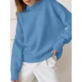 Femme sweat-shirt décontracté uni à manches longues col montant bleu, haut d'automne. - S / Bleu ciel