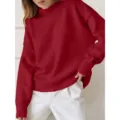 Wine red solid color long sleeve sweatshirt, casual loose mock neck autumn winter pullover. - Brick Red