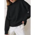 Women solid black mock neck long sleeve sweatshirt casual loose pullover top fashion. - Black