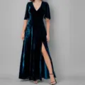 Dark blue velvet V-neck high slit maxi dress, elegant short sleeve evening party gown. - Blue