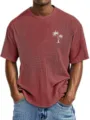 Men waffle knit short sleeve t-shirt with palm tree graphic detail, casual summer top. - S / Red