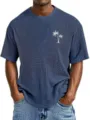 Mens waffle t-shirt tropical palm tree print short sleeve casual loose crewneck top - Navy Blue