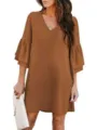 Details close-up view of a stylish women solid V-neck flare sleeve loose casual summer dress. - S / Coffee
