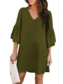 Women solid color v neck flare sleeve loose casual mini dress for summer fashion wear - Green