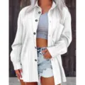 Women white button-down knit cardigan jacket with stylish lapel and front pockets. - S / White