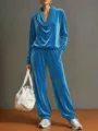 Chic blue velvet lounge set featuring a cowl neck long sleeve top and matching relaxed pants. - Sky Blue