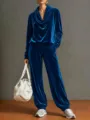 Women blue velvet loungewear set draped collar long sleeve top and matching casual pants. - Blue