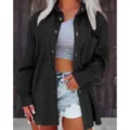 Women casual turn down collar solid textured knit jacket button up long sleeve outerwear - S / Black
