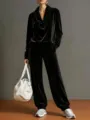 Women black velvet tracksuit cowl neck long sleeve top and pants set casual loungewear - Black