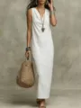 Detail view of a stylish white sleeveless long dress for women, loose summer casual wear. - S / Dresses / White