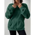 Dark green fuzzy fleece long sleeve sweatshirt casual winter pullover with front pocket - Olive Green