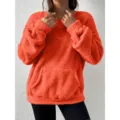 Casual solid color long sleeve fleece hoodie for women, cozy winter pullover with front pocket. - S / Orange Red