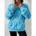 Blue fuzzy fleece long sleeve pullover sweatshirt with front pocket, casual winter warm top. - S / Sky Blue