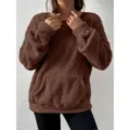 Autumn winter solid color casual long sleeve fuzzy fleece sweatshirt with front pocket for women. - Dark Brown