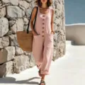 Femme été uni vintage bouton poche confortable sans manches large jambe lin combinaison - S / Rose