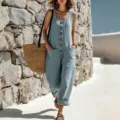 Femme été bleu clair sans manches boutons jambe large combinaison poches style loisir - S / Bleu