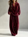 Ensemble d'intérieur chic en velours pour femme, haut à manches longues et pantalon large. - S / Bordeaux