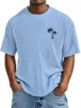 Men's casual waffle knit short sleeve t-shirt with tropical palm tree print light blue top. - Sky Blue