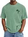 Men's casual loose waffle short sleeve T-shirt with tropical palm tree print in light green. - Light Green