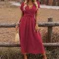 Robe longue elegante d'ete bordeaux pour femme col V manches chauve-souris plisse. - S / Rouge