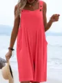 Detail view of the summer solid color sleeveless wide leg jumpsuit for women, stylish beachwear. - Watermelon red