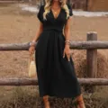 Femme Été Unie Col V Nœud Taille Maxi Robe Élégante Manches Courtes Robe Longue Casual Chic - S / Noir