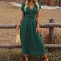 Robe longue élégante femme été col en V unie plissée manches chauve-souris mode - S / Vert Foncé