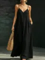 Summer solid color V-neck spaghetti strap maxi dress detail view showing loose hem design. - S / Dresses / Black