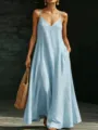 Detailed view of a casual summer V-neck spaghetti strap maxi dress in light blue, perfect style. - Light Blue