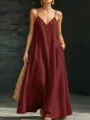 Burgundy v-neck spaghetti strap maxi dress detail, flowing design with pockets for summer. - S / Dresses / Burgundy