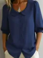 Solid dark blue short-sleeve button-down shirt with a cute Peter Pan collar for women. - S / Navy Blue