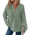 Felpa con cappuccio in maglia waffle maniche lunghe scollo V coulisse bottone top dettaglio - Verde chiaro