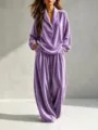 Purple velvet loungewear set featuring long sleeve top and wide leg pants for women. - Purple