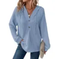 Felpa con Cappuccio Maniche Lunghe Scollo a V Coulisse in Maglia a Waffle da Donna Top - Azzurro