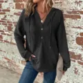 Sweat à capuche femme tricot gaufré manches longues col V cordon bouton haut gris foncé - S / Hauts / Noir