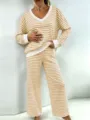 Ensemble loungewear décontracté rayé à col V et pantalon droit taille haute pour femmes. - S / Haut et Bas / Jaune