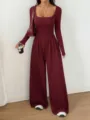 Women Long Sleeve Solid Color Wide Leg Jumpsuit Casual Square Neck Romper Autumn New - S / Set / Burgundy