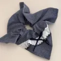 Navy blue plaid hair scrunchie with white lace trim and cute bowknot ponytail holder accessory. - Fine Plaid Diagonal Knot Square Ring