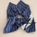 Navy blue striped hair scrunchie with white lace ruffle and cute bow detail accessory. - Striped Diagonal Knot Square Ring