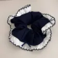 Dark blue hair scrunchie with white lace ruffle and cute bow, sweet style ponytail holder. - Navy Blue Petal Edge Scrunchie