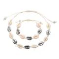 Set di bracciale e collana con conchiglie intrecciate stile boho per la spiaggia. - Corda Beige Conchiglia Argento