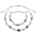 Set Bracciale E Collana Con Conchiglie Intrecciate Regolabile Da Spiaggia per Donna - Cordino Gris Conchiglia Argento