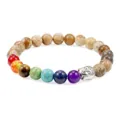 Chakra picture jasper beaded bracelet with silver buddha head, yoga energy gemstone jewelry. - Jasper